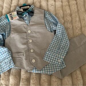 Kids Blue Plaid Shirt and Gray Vest Set